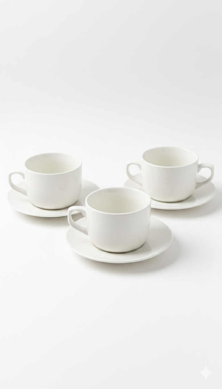 Fine Porcelain - Service de Tasses et Sous-tasses Blanc - Paquet Noir – 12 Pièces