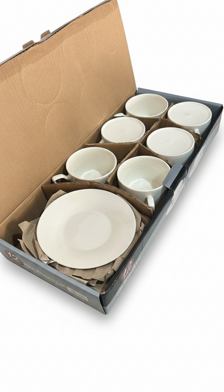 Fine Porcelain - Service de Tasses et Sous-tasses Blanc - Paquet Noir – 12 Pièces