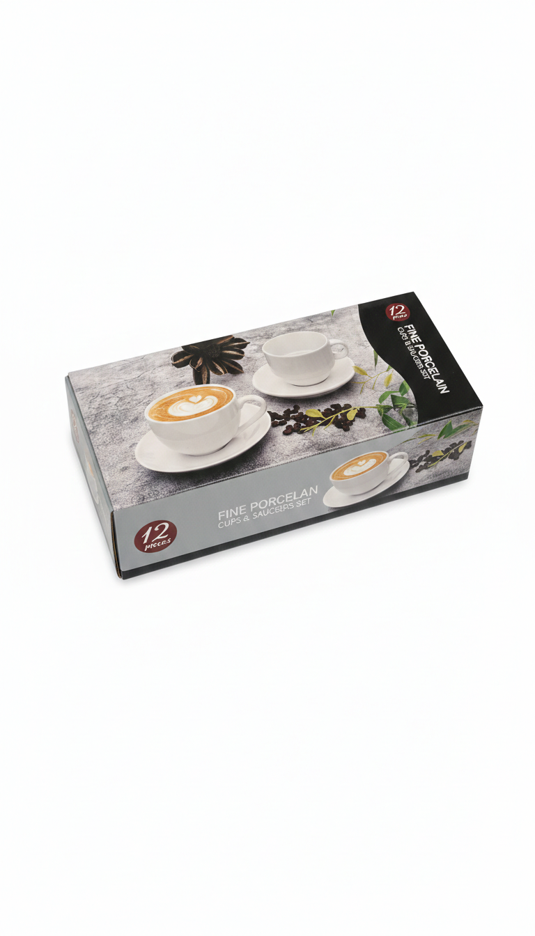 Fine Porcelain - Service de Tasses et Sous-tasses Blanc - Paquet Noir – 12 Pièces