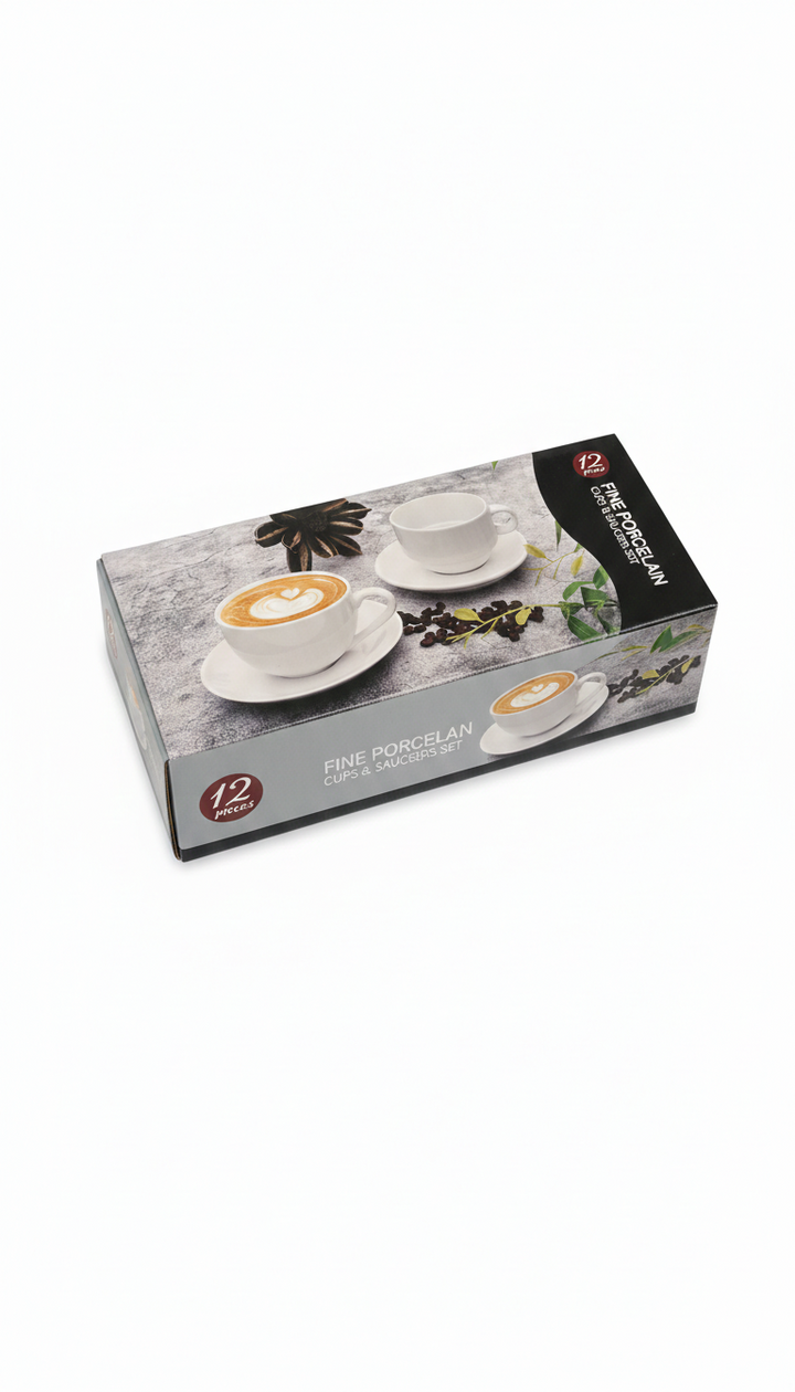 Fine Porcelain - Service de Tasses et Sous-tasses Blanc - Paquet Noir – 12 Pièces