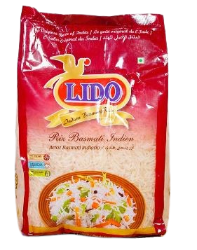 Sachet de riz basmati indien long grains Lido 1kg, idéal pour une cuisine parfumée et raffinée. Disponible sur Dialy.sn