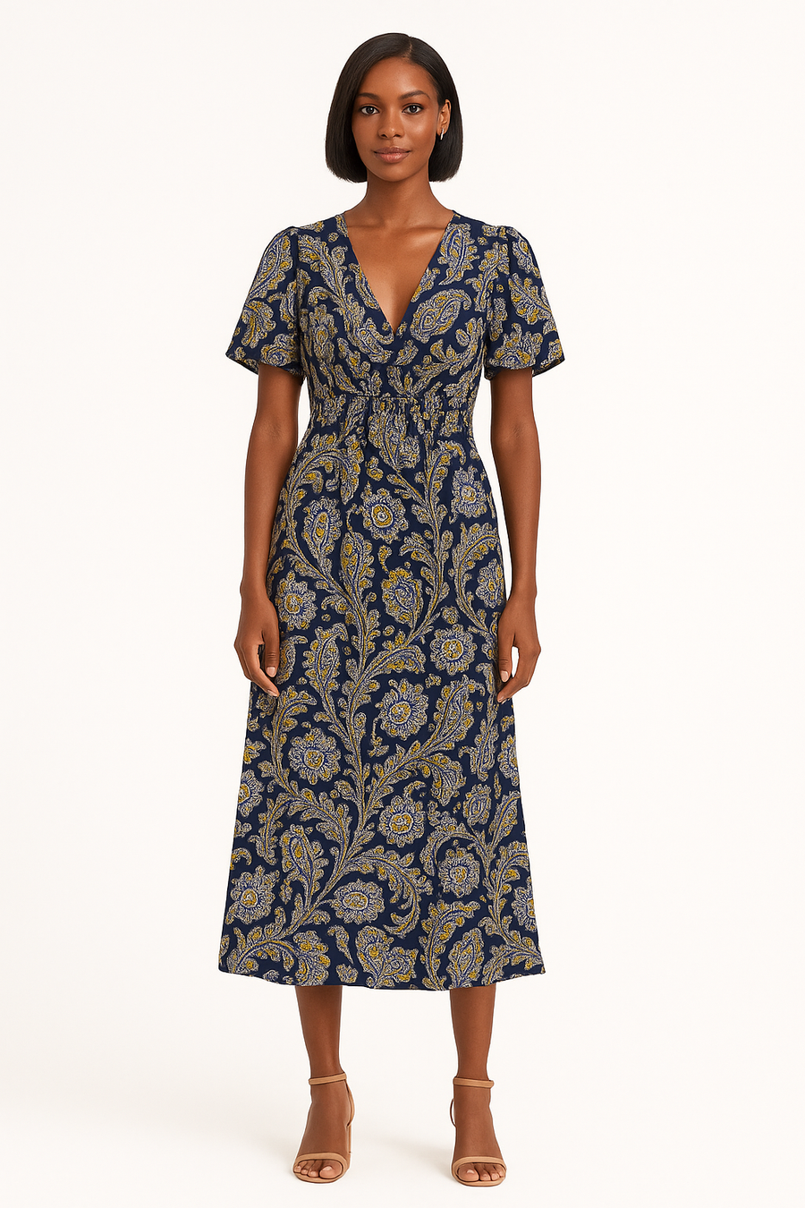 O.SHA - Robe volante bleu marine motif jaune - taille S/M Dakar Dialy