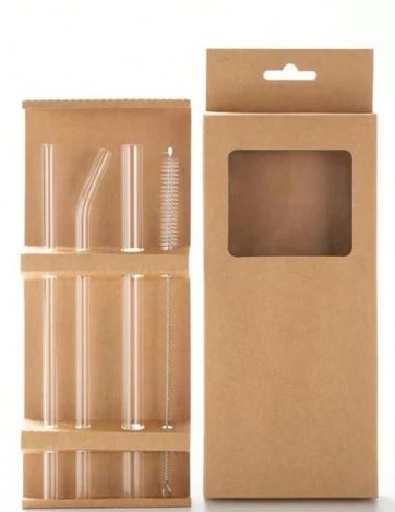 Ensemble (4 pailles + 1 brosse) Pailles en verre borosilicaté transparent résistantes à la chaleur