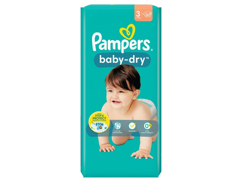 Lot de 52 couches Pampers Baby Dry Taille 3 (6-10 kg) offrant une absorption optimale et un confort longue durée pour bébé
