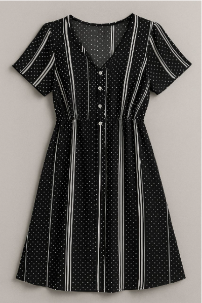 Robe Noire Mi-Longue – Rayures & Pois, Col V, Manches Courtes, Taille M/L Dialy - Dakar 