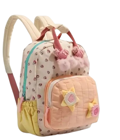 Sac à dos fraise matelassé avec pompons et fermeture à glissière disponible sur Dialy en 60min à Dakar