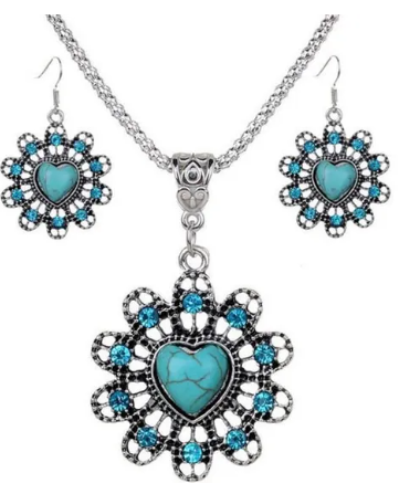 Set pendentif, boucles et chaîne cœur bleu Dakar Dialy