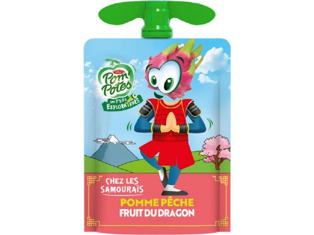 POM'POTES Compotes Les P'tits Explorateurs Les Samouraïs ,saveurs pomme pêche et fruits du dragon 4x90g