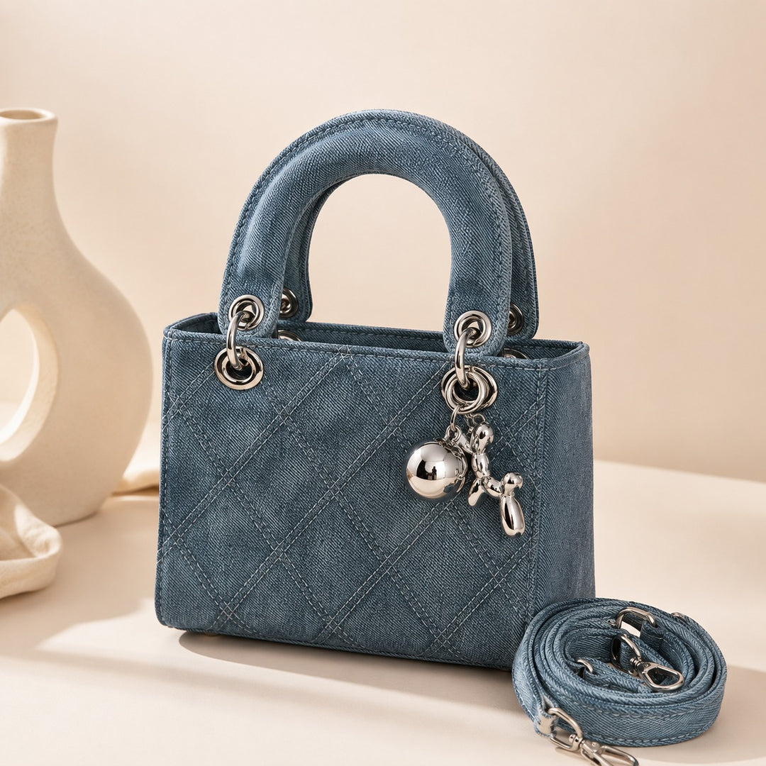 Sac à Main Mini en Jean Brodé Losanges – Sac Cabas Décontracté Femme avec Pompon