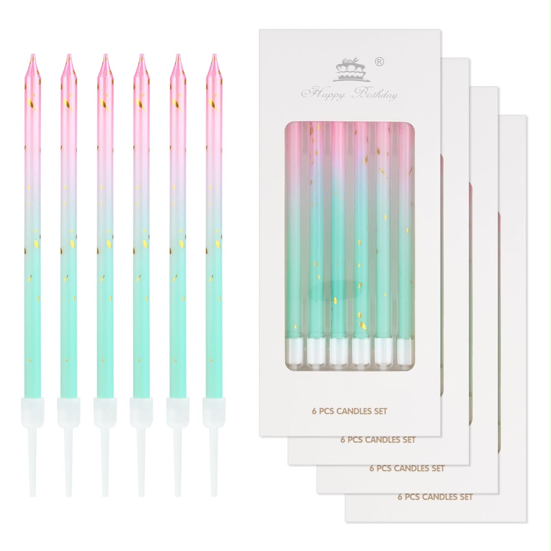 Bougies d’Anniversaire Longues avec Topper « Happy Birthday » – Dégradé Rose et Bleu – 6 Pièces