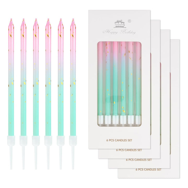 Bougies d’Anniversaire Longues avec Topper « Happy Birthday » – Dégradé Rose et Bleu – 6 Pièces