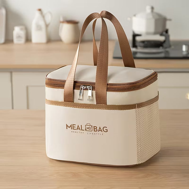 1 Sac à Lunch Isolé avec Bandoulière - Portable, Carré, en Tissu Oxford pour Boîte Alimentaire Fraîche en Aluminium , Beige
