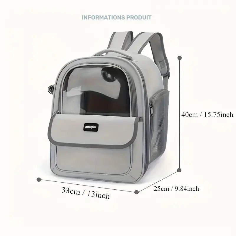 Sac à Dos Porte-Chats Respirant de Grande Capacité avec Ouverture Latérale - PVC Durable, Fermeture Éclair pour Voyages en Extérieur -Gris