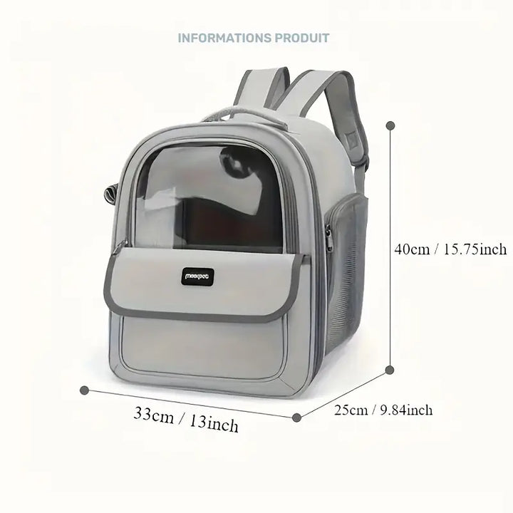 Sac à Dos Porte-Chats Respirant de Grande Capacité avec Ouverture Latérale - PVC Durable, Fermeture Éclair pour Voyages en Extérieur -Gris