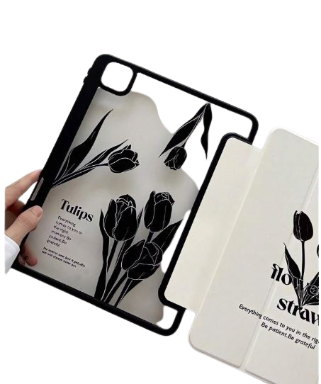 Etui protecteur transparent magnifique à double face peint avec fleur noire et lettre en acrylique cristal
