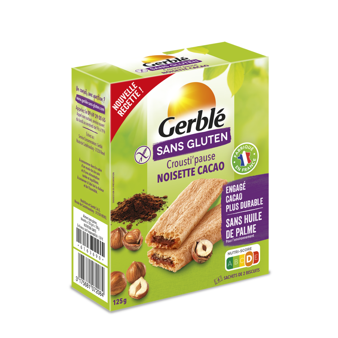 GERBLÉ – Biscuits Noisette Cacao Crousti'Pause – Sans Gluten & Sans Huile de Palme - 125 g