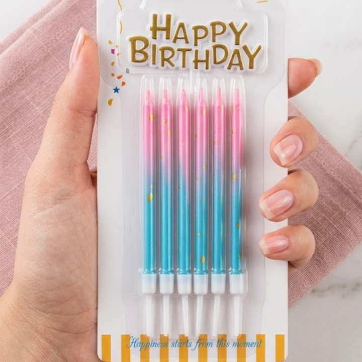 Bougies d’Anniversaire Longues avec Topper « Happy Birthday » – Dégradé Rose et Bleu – 6 Pièces