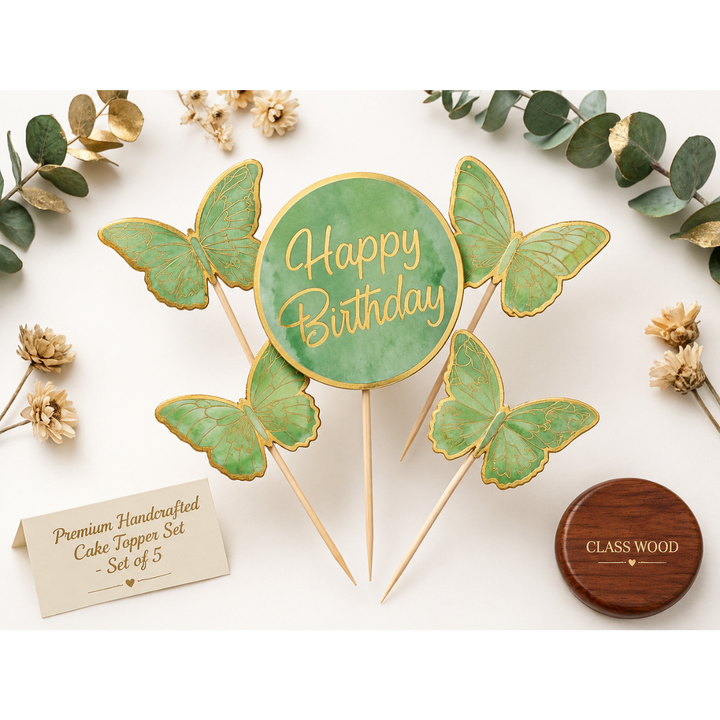 Décorations de gâteau Anniversaire & Papillons – 5 pièces