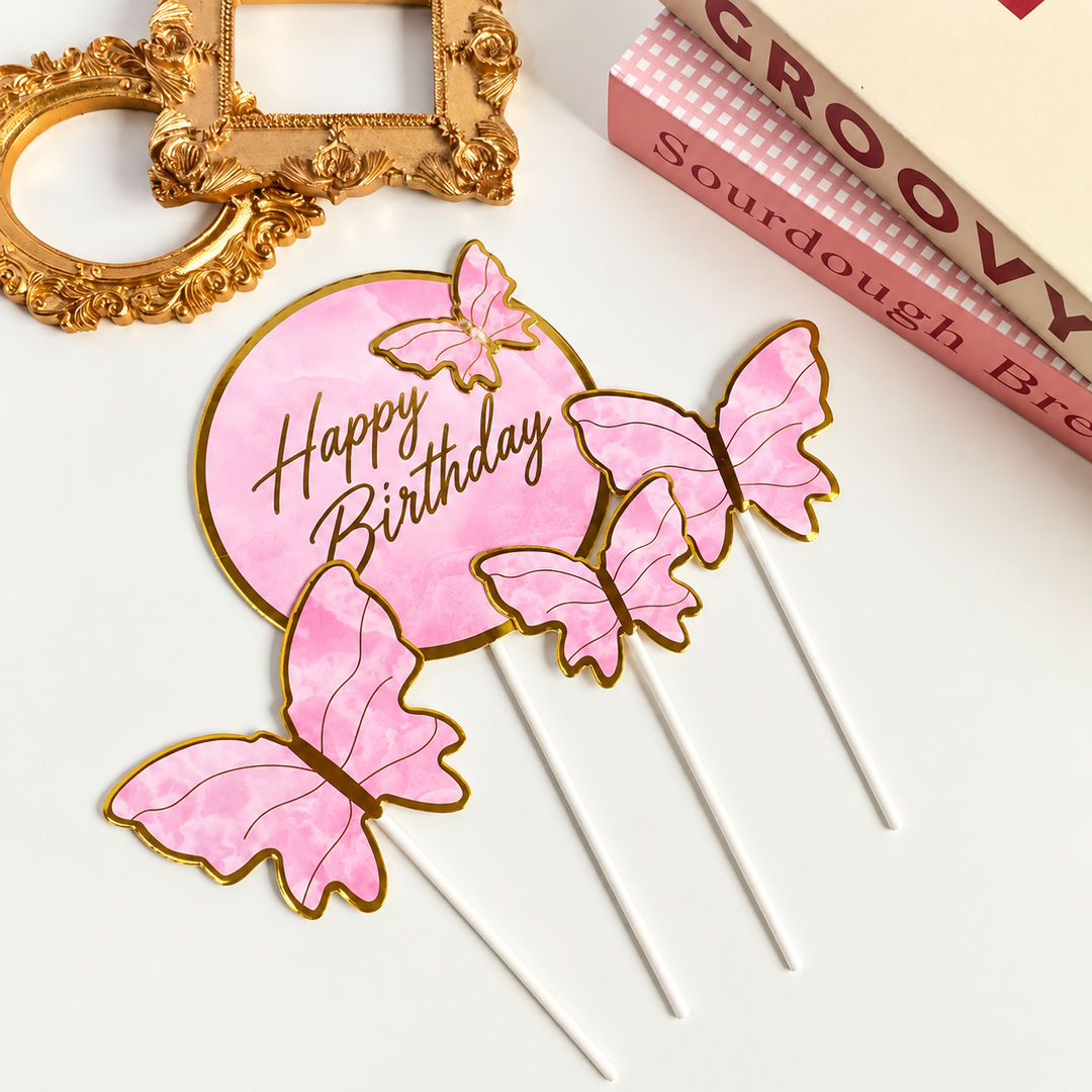 Décorations de gâteau Anniversaire & Papillons – 5 pièces