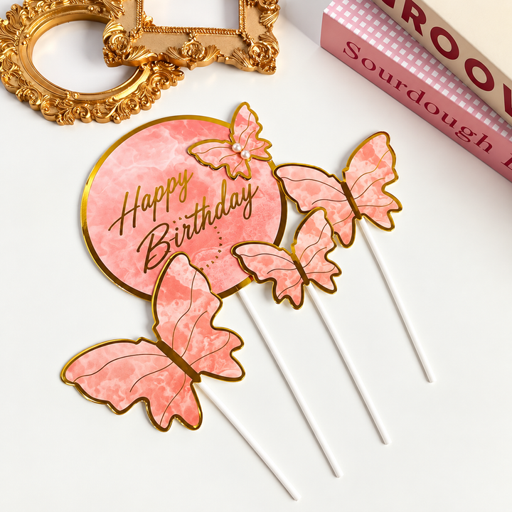 Décorations de gâteau Anniversaire & Papillons – 5 pièces