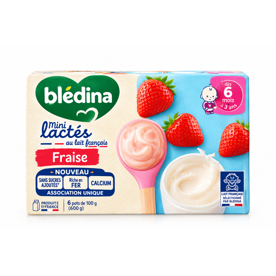 BLEDINA – Mini Lactés au Lait Français Sans Sucres Ajoutés – Saveur Fraise – Dès 6 Mois à 3 Ans – 6 x 55 g