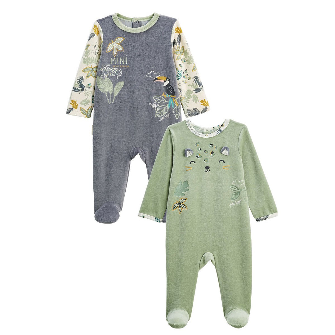 Petit Béguin – Lot de 2 Pyjamas Bébé en Velours Boavista – Vert/Gris - 9 Mois