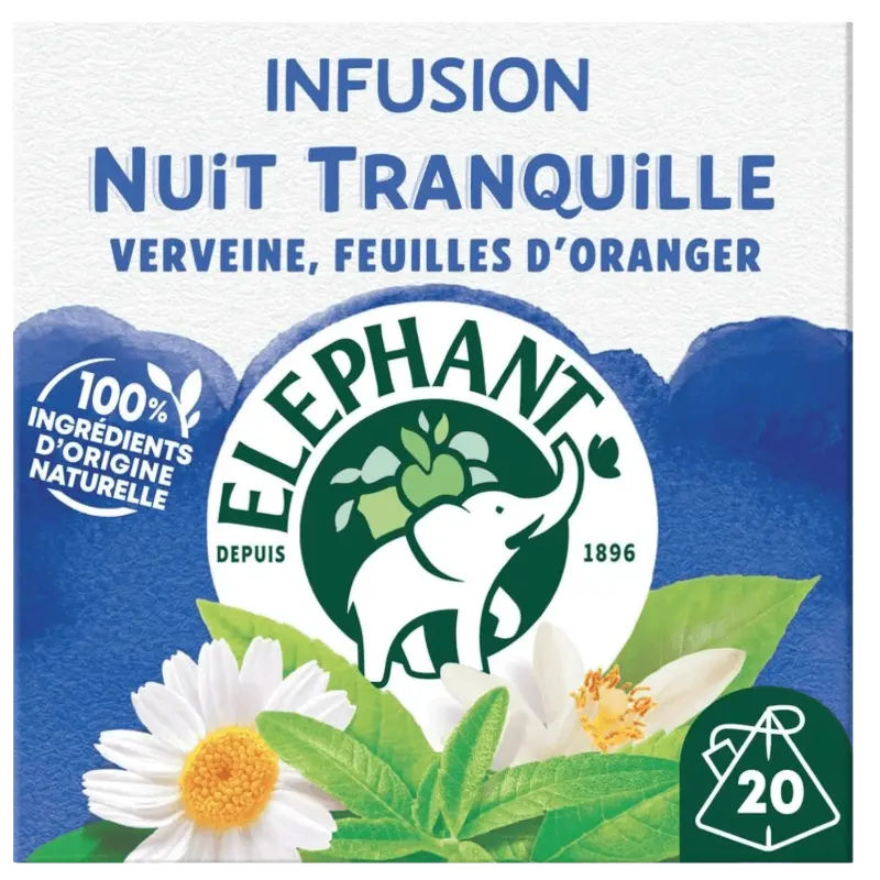 ELEPHANT-Nuit tranquille Verveine,feuilles d'oranger,camomille,tilleul et huile essentielle de fleur d'oranger 20 sachets