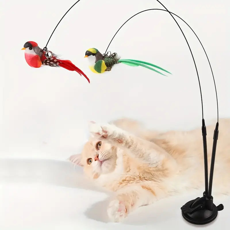 Ensemble de jouets interactifs pour chat avec oiseau réaliste, longue perche à double tige, clochette, ventouse puissante et plumes artificielles