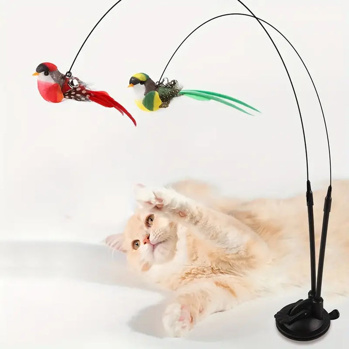 Ensemble de jouets interactifs pour chat avec oiseau réaliste, longue perche à double tige, clochette, ventouse puissante et plumes artificielles