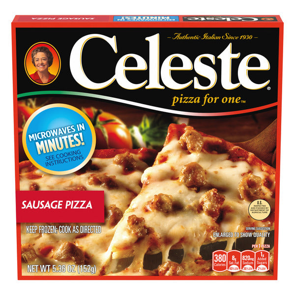 CELESTE-Pizza individuelle  aux saucisses, surgelée, à réchauffer au micro-ondes.