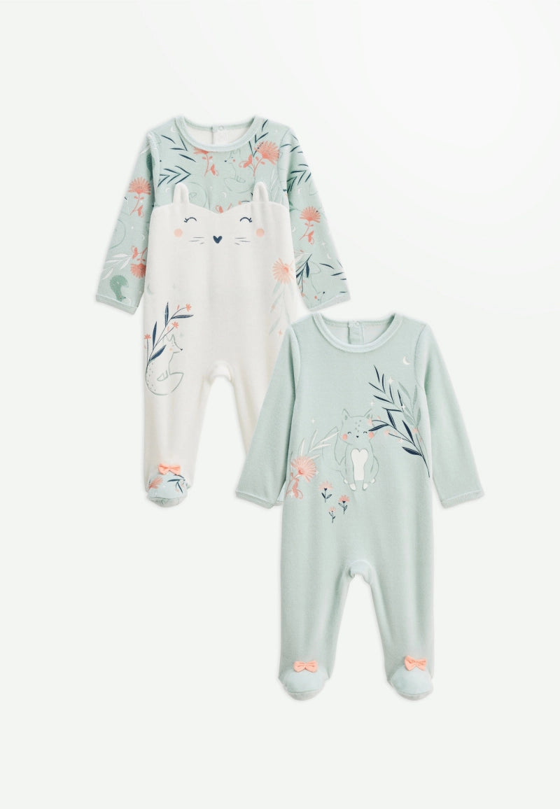 Petit Béguin – Lot de 2 Pyjamas Bébé en Velours Dina- Écru/Vert de Gris - 9 Mois