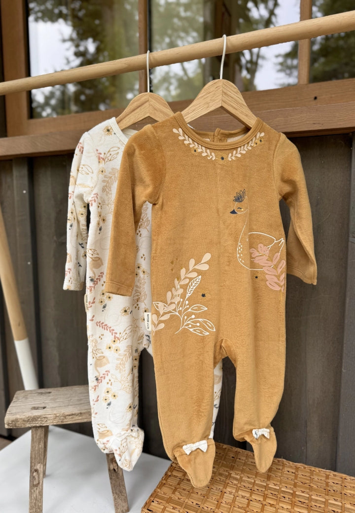 Petit Béguin – Lot de 2 Pyjamas Bébé en Velours Swan - Écru/Ocre - 9 Mois