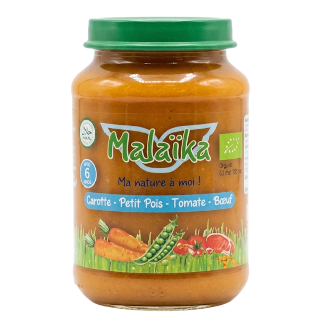 Malaïka – Pot pour bébé Sans gluten - Carotte, Petit Pois, Tomate & Bœuf – Dès 6 mois – 190 g