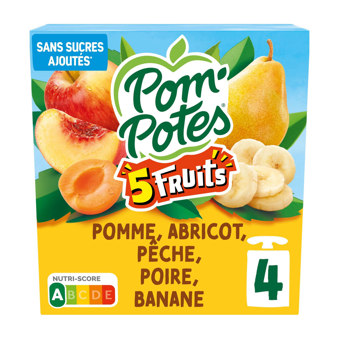 POM'POTES - Compote en gourde aux 5 fruits (Pomme, abricot, pêche, poire, banane) -  4x90G