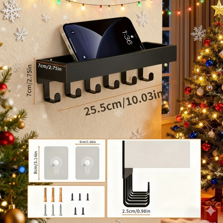 Porte-clés Murale en Bois avec 6 Crochets Noir