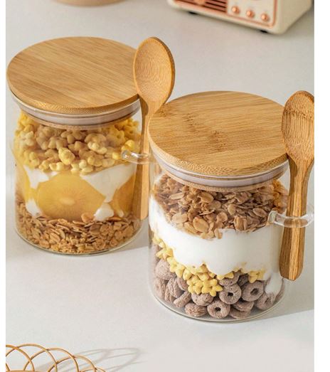 Bocal hermétique en verre avec couvercles en bambou et cuillère( 2pièces)