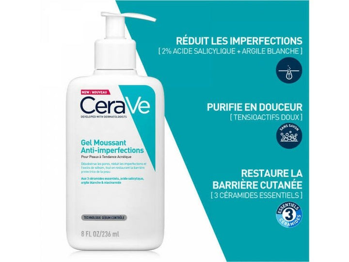 CERAVE - Gel nettoyant contre les imperfections pour peaux acnéiques, 236 ml